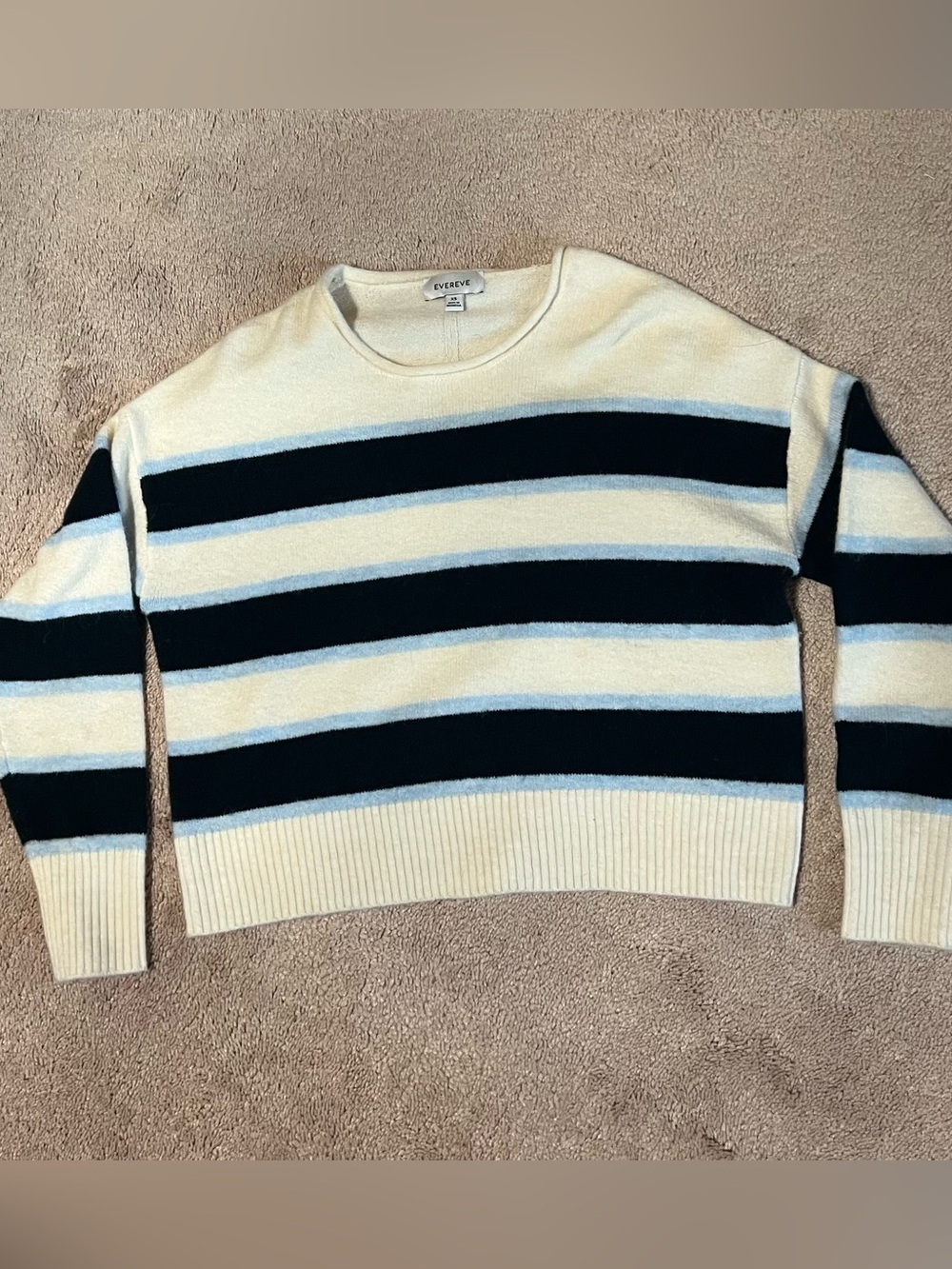 Evereve Cream and Navy Striped Crewneck Sweater